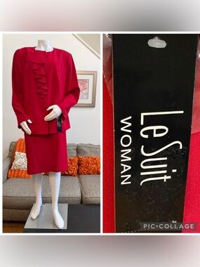 ❣️🆕Le Suit Cherry Red Cascade Ruffle Skirt Suit Set Plus Size $265 MSRP❣️